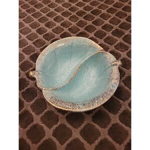 Vintage MCM California Pottery Leaf Divided Bowl Dish Turquoise
